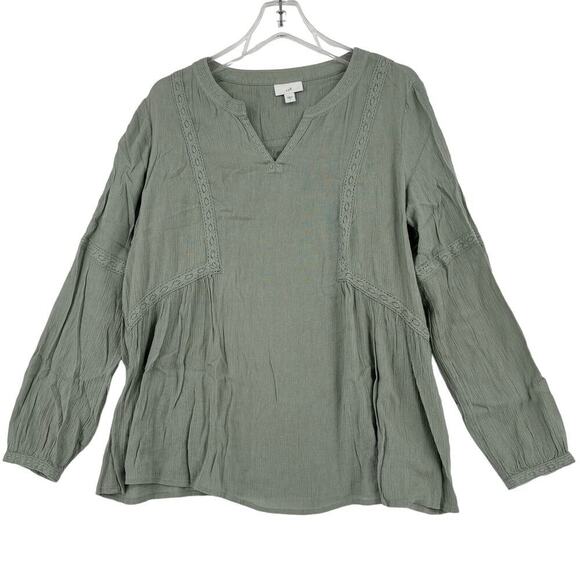J. Jill Blouse Size S Green Boho Crinkle Texture Oversized Crochet Lace Trim - Picture 1 of 11